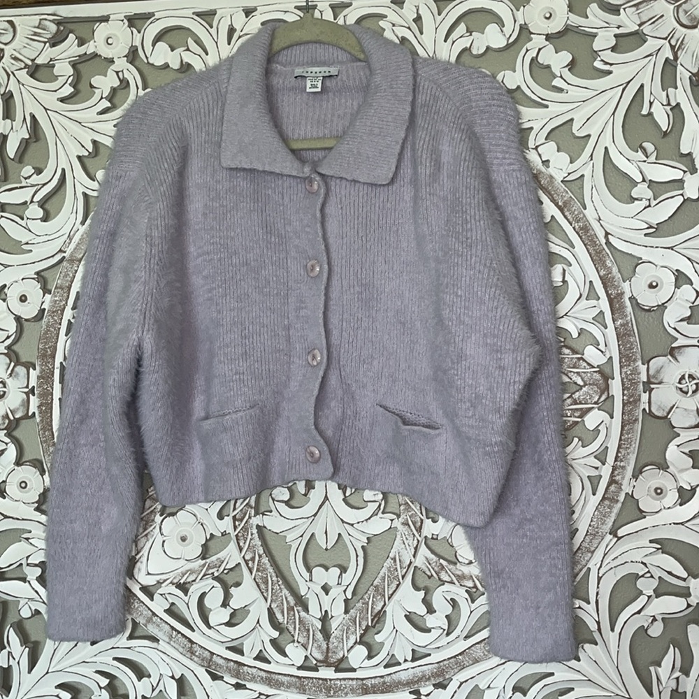 TOPSHOP Fluffy Knit Button-Down Lavender Purple Cardigan w Front Pockets sz8 EUC